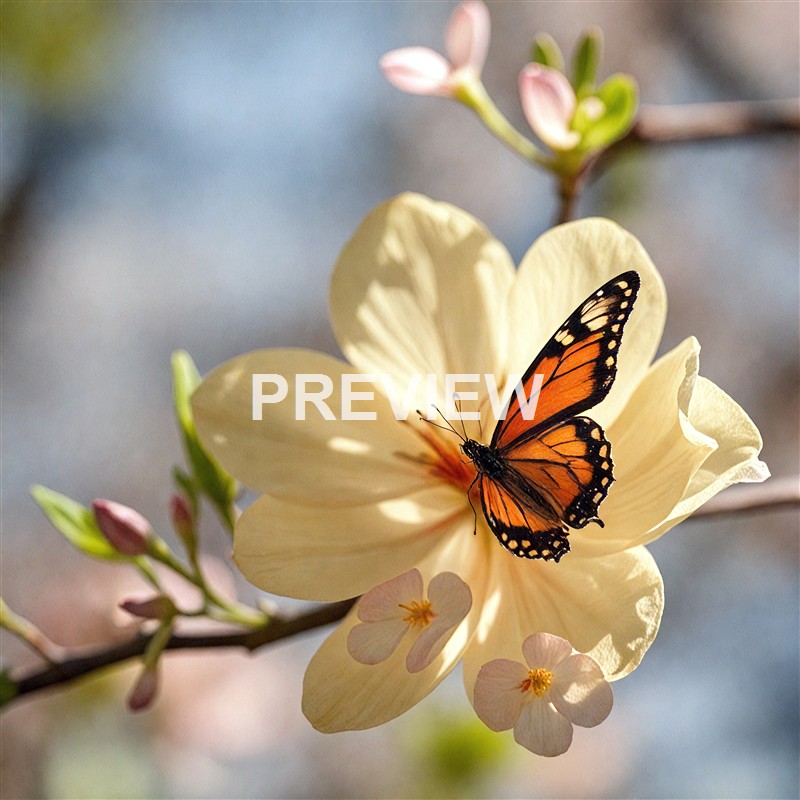 A close-up of a monarch butterfly perched on a cream-colored flower with pink-tipped buds and small blossoms, set against a blurred background.